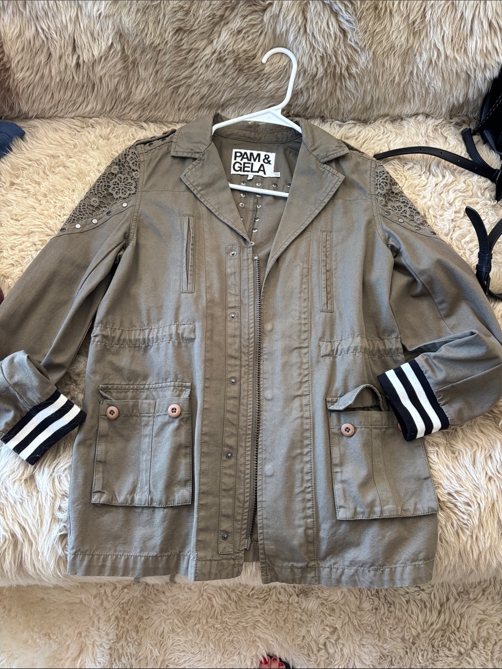 Pam & Gela Olive Utility Jacket with Lace Shoulder and Stripe Cuffs
